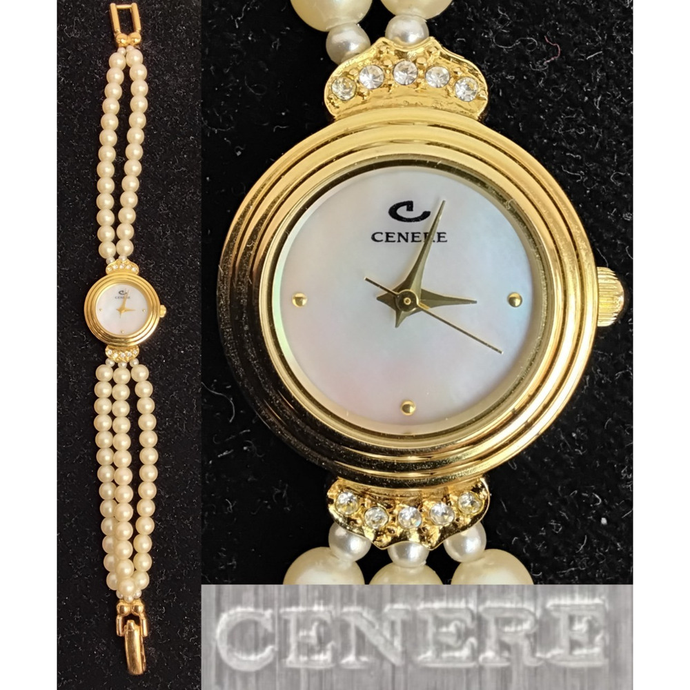 Cenere Quartz Watch Pearl Bracelet 18K Gold Plated White Dial Analog #Z5736